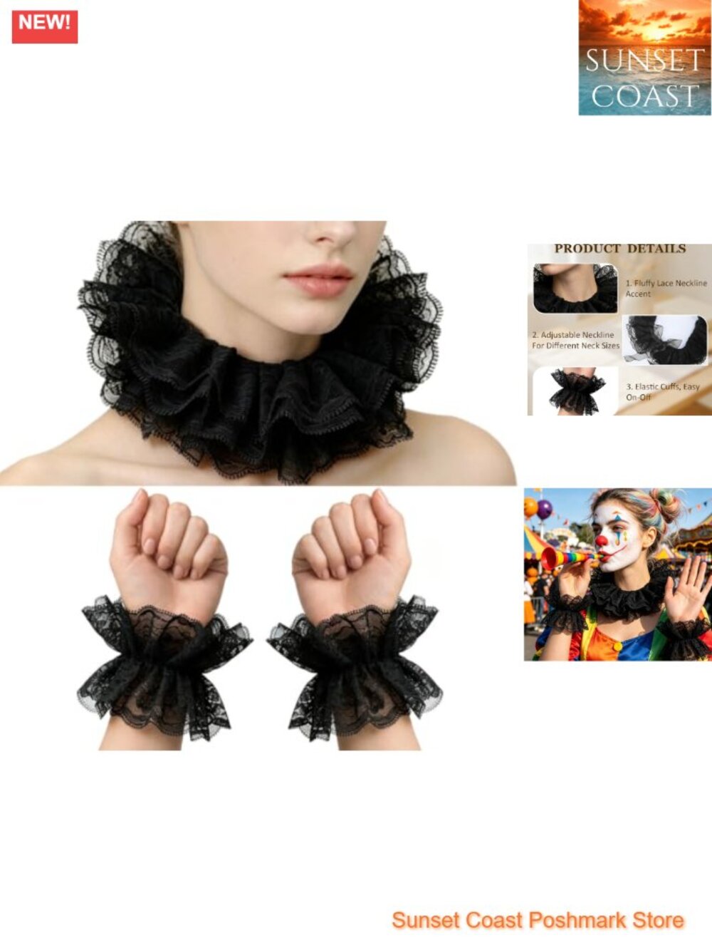 3-Piece Clown Costume Accessory Set Lace Ruffle Collar Wrist Cuffs
